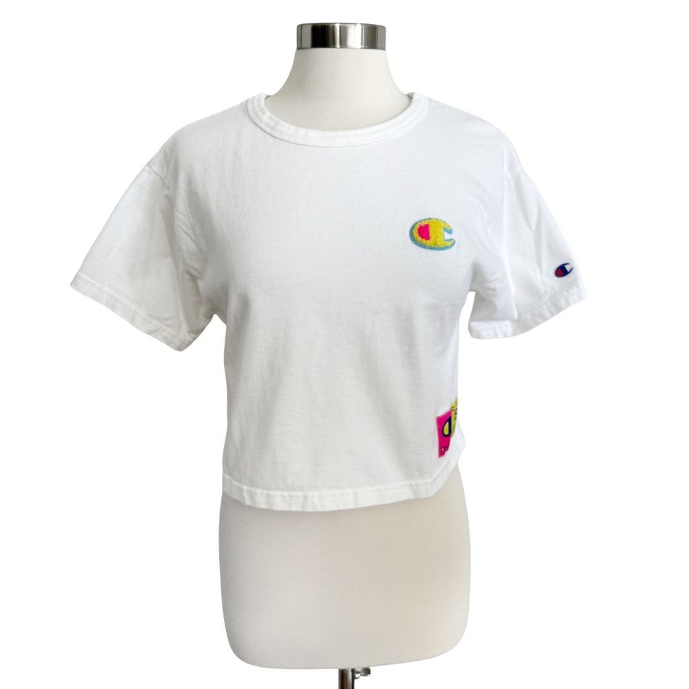Champion Small Thick White Cotton Cropped Neon Logo Basic T-Shirt